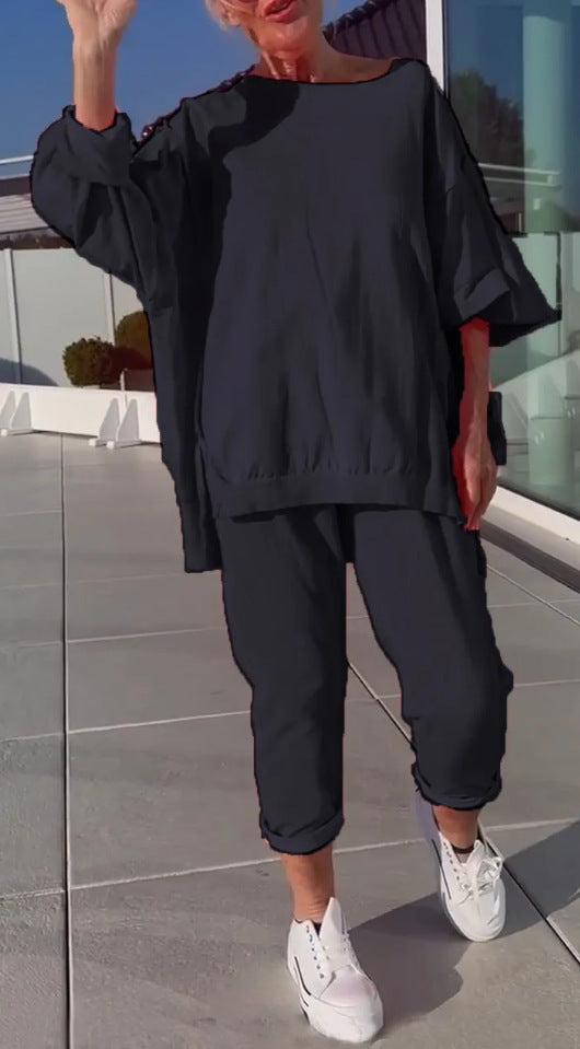 Louniva™ - Damen Freizeit-Zweiteiler mit Rundhals-Top und Hose