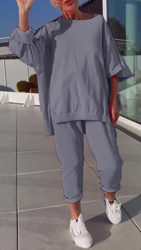 Louniva™ - Damen Freizeit-Zweiteiler mit Rundhals-Top und Hose